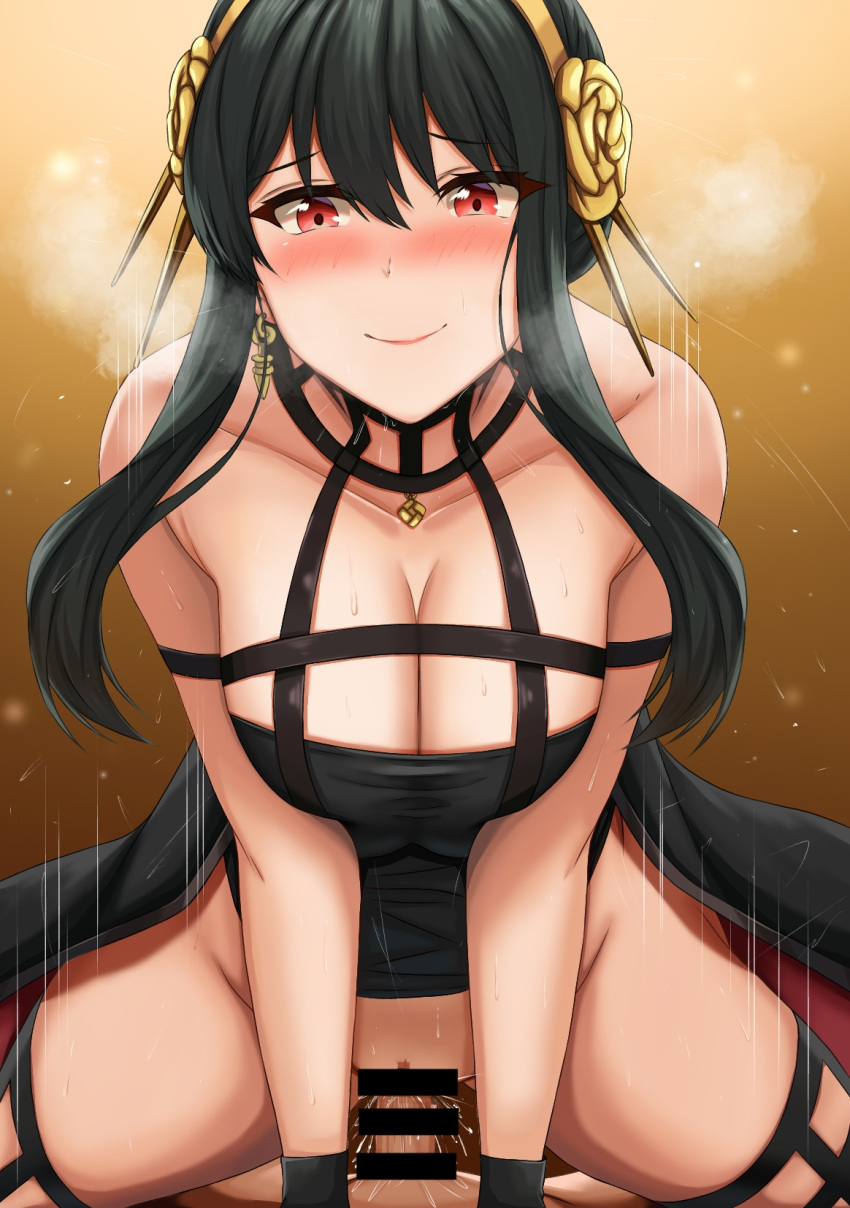 1boy 1girl black_dress black_hair breasts clothed_sex cowgirl_position dress earrings gold_earrings gold_hairband hetero highres jewelry large_breasts pov red_eyes rose_hair_ornament shokan short_hair short_hair_with_long_locks sidelocks sleeveless sleeveless_dress smile solo_focus spy_x_family straddling two-sided_dress vaginal yor_briar