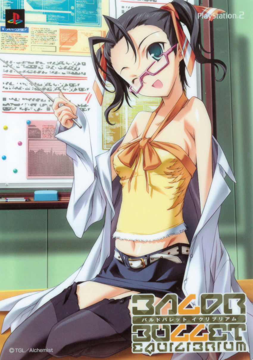 1girl absurdres asou_natsume_(baldr_bullet) baldr_(series) baldr_bullet belt black_hair black_skirt blue_eyes breasts camisole glasses halterneck head_tilt highres holding holding_pointer kikuchi_seiji labcoat off_shoulder official_art one_eye_closed open_mouth pointer scan sitting skirt small_breasts smile solo twintails white_belt yellow_camisole