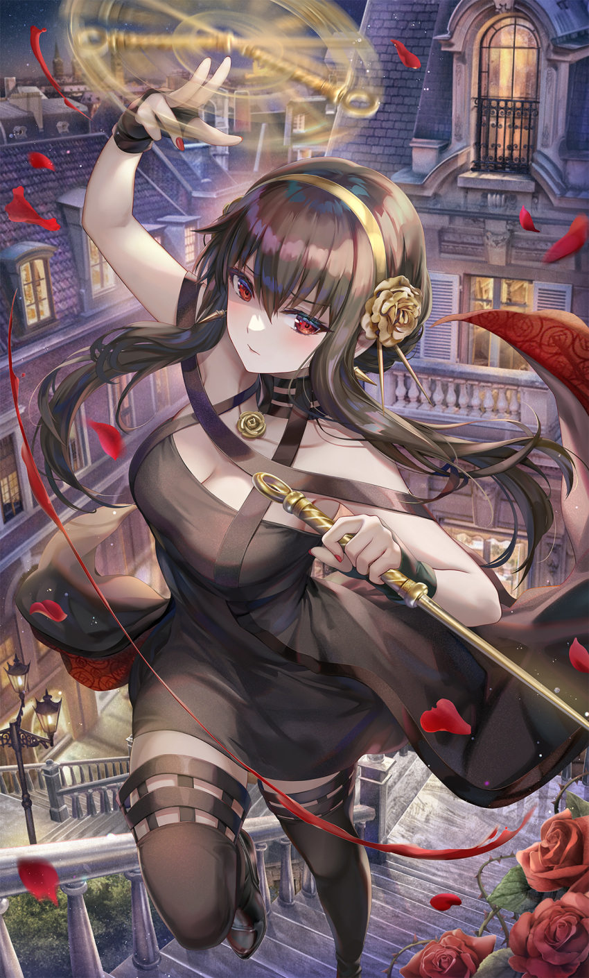 1girl bangs bare_shoulders black_dress black_gloves black_hair black_legwear blood blush boots breasts building city_lights cleavage closed_mouth collarbone dagger dress dual_wielding earrings fingerless_gloves floating_hair flower foot_out_of_frame gloves gold_hairband hair_ornament hairband highres holding holding_dagger holding_weapon jewelry knife lamppost large_breasts long_hair looking_at_viewer medium_breasts night night_sky petals red_eyes red_flower red_nails red_rose rooftop rose rose_hair_ornament rose_petals sidelocks sky solo spikes spinning spy_x_family stairs thigh_boots thighhighs thorns torino_aqua undefined weapon window yor_briar