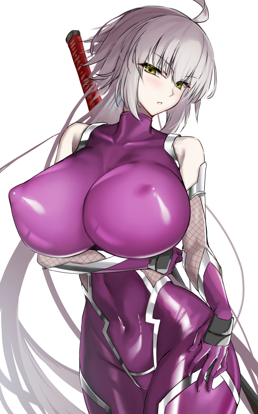 1girl absurdres bodysuit breasts cosplay covered_navel covered_nipples fate/grand_order fate_(series) highres huge_breasts igawa_asagi igawa_asagi_(cosplay) impossible_bodysuit impossible_clothes jeanne_d'arc_alter_(avenger)_(fate) jeanne_d'arc_alter_(fate) kaoru1307 long_hair looking_at_viewer purple_bodysuit shiny shiny_clothes silver_hair silver_trim simple_background solo standing taimanin_(series) taimanin_asagi taimanin_suit white_background yellow_eyes