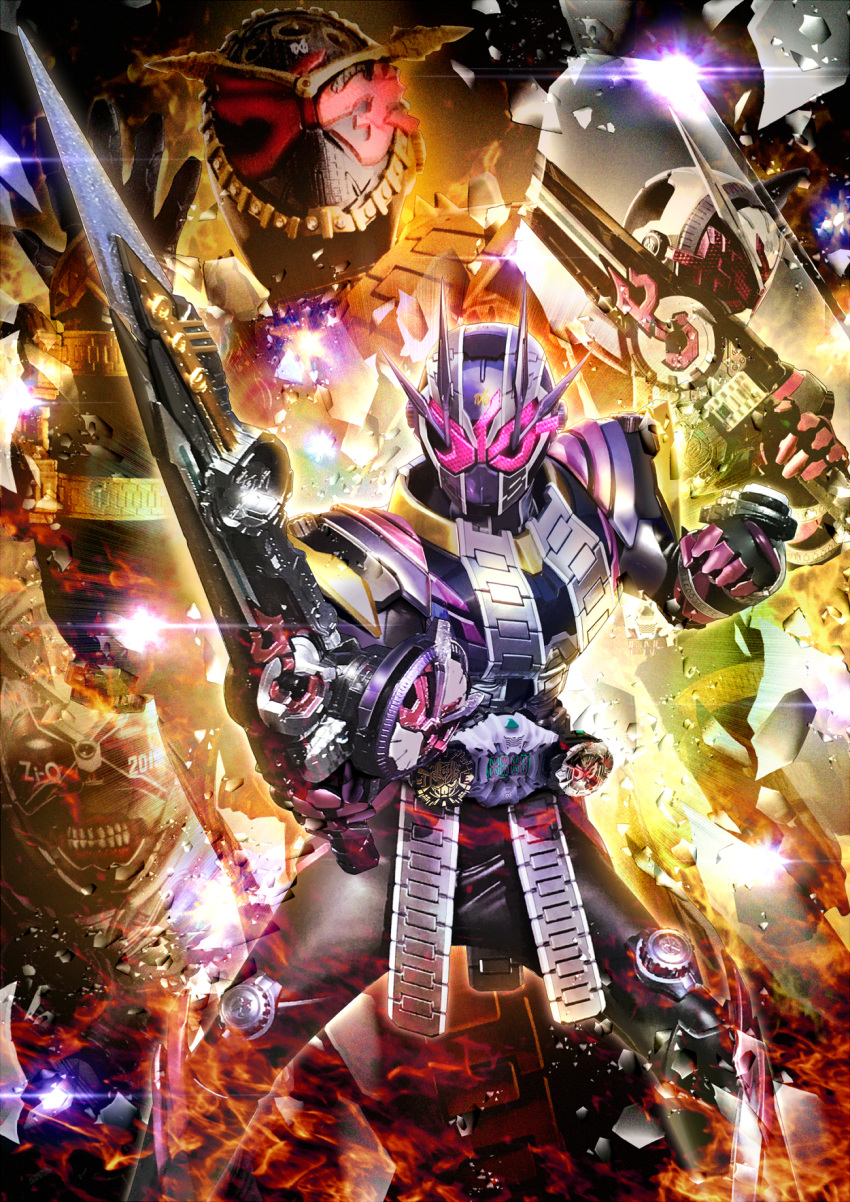 4boys alternate_costume alternate_universe another_rider_(zi-o) another_zi-o apocalypse armor arrow_(symbol) black_armor black_bodysuit black_footwear black_gloves bodysuit broken_glass character_name clenched_teeth clock clock_hands colored_skin compound_eyes creature dark_persona driver_(kamen_rider) extra_horns glass gloves highres holding holding_sword holding_weapon kamen_rider kamen_rider_zi-o kamen_rider_zi-o_(series) kamen_rider_zi-o_ii katakana male_focus masukudo_(hamamoto_hikaru) monster multiple_boys official_alternate_costume official_style ouma_zi-o pink_eyes pink_gloves pose red_skin rider_watch split_image sword teeth time_paradox timestamp tokusatsu upper_body visor weapon white_armor white_bodysuit white_eyes zikan_girade ziku_driver