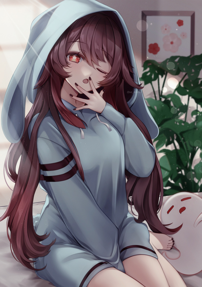 ;o absurdres animal_hood asahi_(vjss4548) bed brown_hair bunny_hood closed_mouth ghost hand_on_own_face highres hood hood_up hoodie indoors long_hair long_sleeves looking_at_viewer lying on_bed one_eye_closed open_mouth red_eyes star-shaped_pupils star_(symbol) symbol-shaped_pupils twintails waking_up
