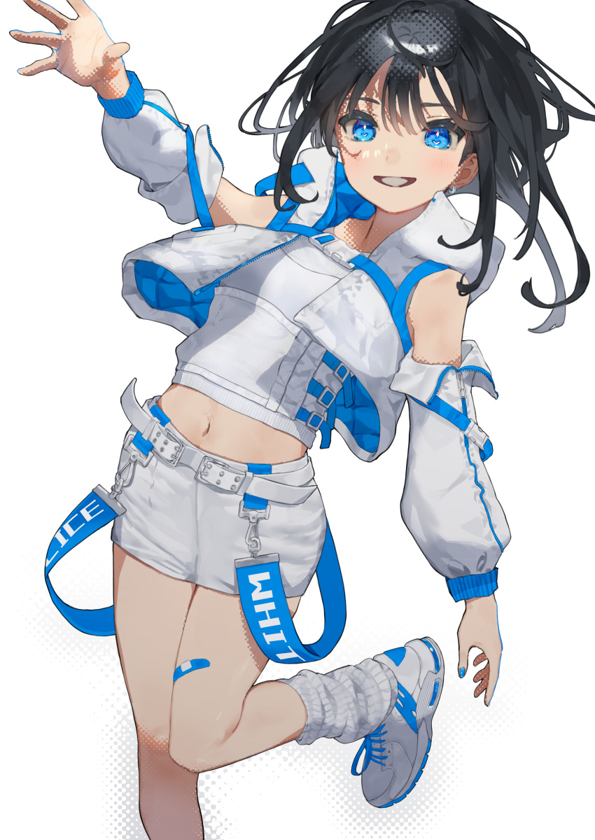 1girl :d absurdres arm_at_side arm_up bandaid bandaid_on_leg bangs bare_shoulders black_hair blue_eyes blue_nails cropped_jacket detached_sleeves earrings eyebrows_behind_hair hair_between_eyes halftone heart heart-shaped_pupils highres jacket jewelry leg_up legs light_blush looking_at_viewer mashiro_kta medium_hair midriff navel open_mouth original shirt shoes shorts simple_background sleeveless sleeveless_jacket sleeveless_shirt smile sneakers socks solo standing standing_on_one_leg symbol-shaped_pupils white_background white_footwear white_jacket white_legwear white_shirt white_shorts zipper