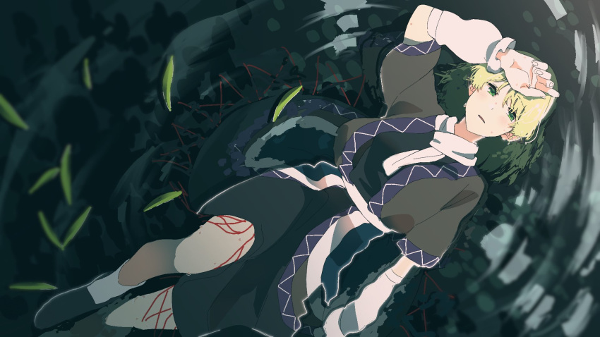 1girl arm_at_side arm_warmers black_dress blonde_hair blush commentary dress fingernails full_body green_eyes grey_footwear grey_jacket hand_on_own_forehead hand_up highres irohasu_(sasagarasu) jacket light_frown looking_at_viewer lying mizuhashi_parsee on_back open_clothes open_jacket parted_lips partially_submerged ripples scarf shoes short_hair short_sleeves socks solo touhou water water_drop white_legwear white_scarf