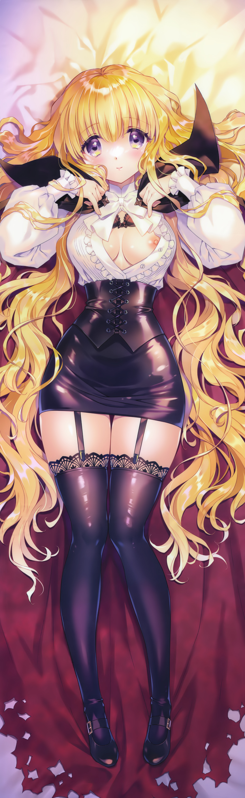1girl absurdres artist_name black_legwear black_skirt blonde_hair bow breasts carnelian cloak dakimakura_(medium) frilled frilled_shirt frills full_body garter_straps heart highres lace-trimmed_legwear lace_trim lilith_(yamibou) long_hair looking_at_viewer mary_janes medium_breasts nipples open_clothes open_shirt pencil_skirt photoshop_(medium) purple_eyes shirt shoes skirt smile solo thighhighs very_long_hair wavy_hair white_bow yami_to_boushi_to_hon_no_tabibito