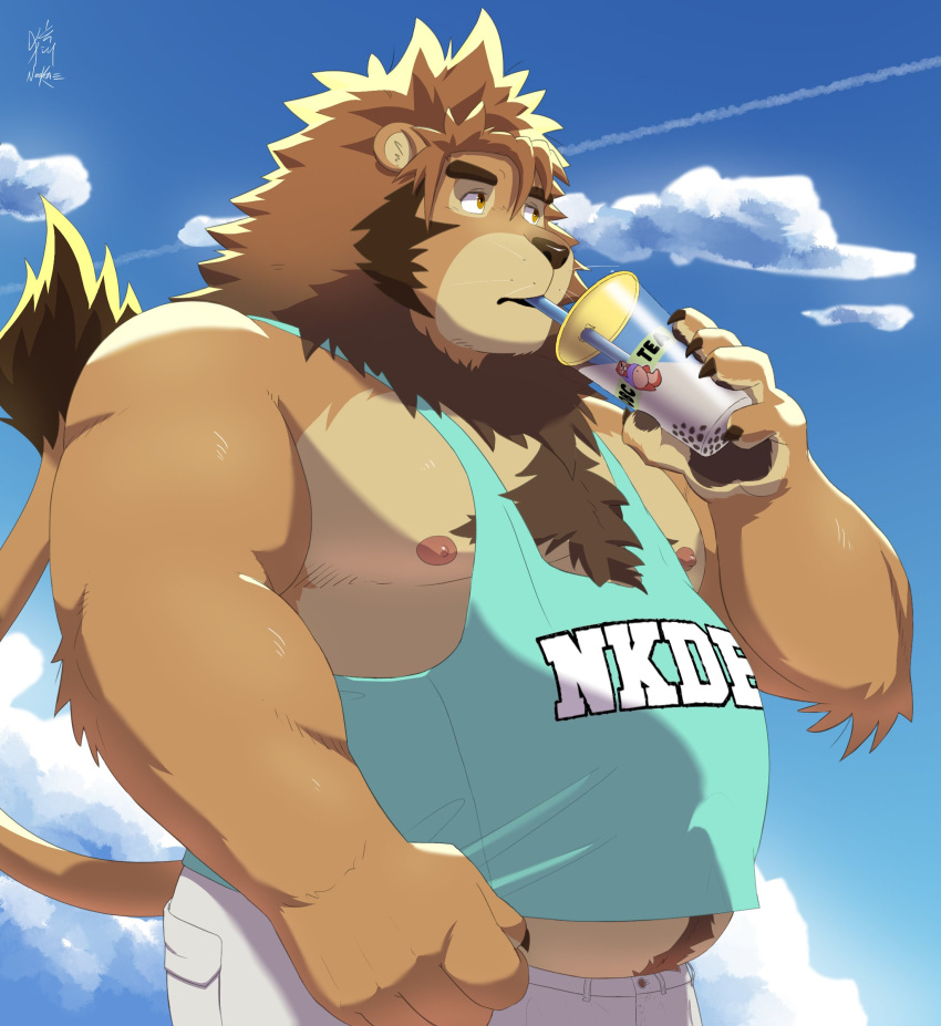 2022 absurd_res anthro belly beverage big_belly brown_body bubble_tea clothing cloud drinking felid hi_res humanoid_hands kemono lion male mammal moobs nipples nookdae outside overweight overweight_male pantherine shirt solo text text_on_clothing text_on_shirt text_on_topwear topwear