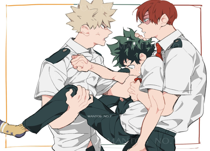 3boys artist_name bakugou_katsuki blonde_hair blue_eyes boku_no_hero_academia burn_scar carrying closed_mouth collared_shirt commentary_request english_commentary eye_contact freckles green_eyes green_hair green_pants hand_on_another's_chest hand_on_another's_head hand_on_another's_leg looking_at_another male_focus mantos_no.7 midoriya_izuku mixed-language_commentary multiple_boys necktie open_mouth pants red_eyes red_hair red_necktie scar scar_across_eye scar_on_face school_uniform shirt shirt_grab shirt_tucked_in short_hair short_sleeves simple_background socks spiked_hair standing sweat thai_commentary todoroki_shouto u.a._school_uniform watermark white_background white_shirt yellow_legwear