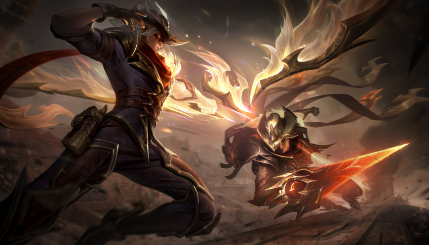 2boys absurdres black_shirt brown_gloves cowboy_hat detached_wings eye_mask gloves glowing glowing_eyes grey_hair hat high_noon_talon high_noon_varus highres holding holding_weapon jumping league_of_legends long_hair male_focus multiple_boys official_alternate_costume official_art outdoors pants red_hair shirt smile talon_(league_of_legends) varus weapon wings