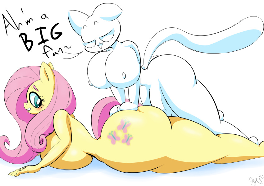 2022 anthro big_breasts big_butt big_penis bite biting_lip blush breast_squish breasts butt butt_squish curvy_figure cutie_mark dialogue digital_media_(artwork) domestic_cat duo english_text equid equine eyelashes felid feline felis female fingers fluttershy_(mlp) friendship_is_magic fur genitals gloryworm gynomorph gynomorph/female hair hand_on_butt hasbro hi_res horse hourglass_figure huge_breasts huge_butt huge_penis imminent_sex intersex intersex/female long_hair long_tail lying mammal mitten_hands my_little_pony nipples nude on_front owo_whatziss_(gloryworm) penis pink_hair pony simple_background squish teal_eyes text thick_thighs toony voluptuous white_background white_body white_fur wide_hips yellow_body yellow_fur