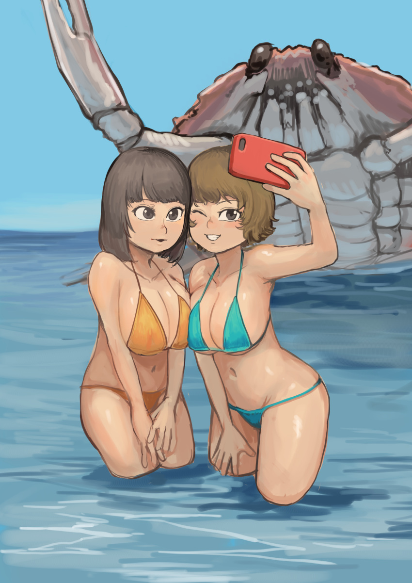 2girls absurdres animal arm_up bikini black_eyes black_hair blue_bikini blue_sky breasts brown_hair chanta_(ayatakaoisii) cleavage cowboy_shot crab highres holding holding_phone large_breasts looking_at_viewer medium_hair multiple_girls navel one_eye_closed orange_bikini original outdoors oversized_animal parted_lips partially_submerged phone shadow sky smile swimsuit