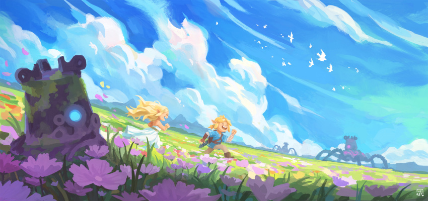 1boy 1girl absurdres bird blonde_hair blue_sky blue_tunic boots cloud dress field fingerless_gloves flower gloves good_end grass guardian_(breath_of_the_wild) happy highres link meadow mountainous_horizon o_hezzy open_mouth princess_zelda running scenery sky smile strapless strapless_dress the_legend_of_zelda the_legend_of_zelda:_breath_of_the_wild weapon weapon_on_back white_dress