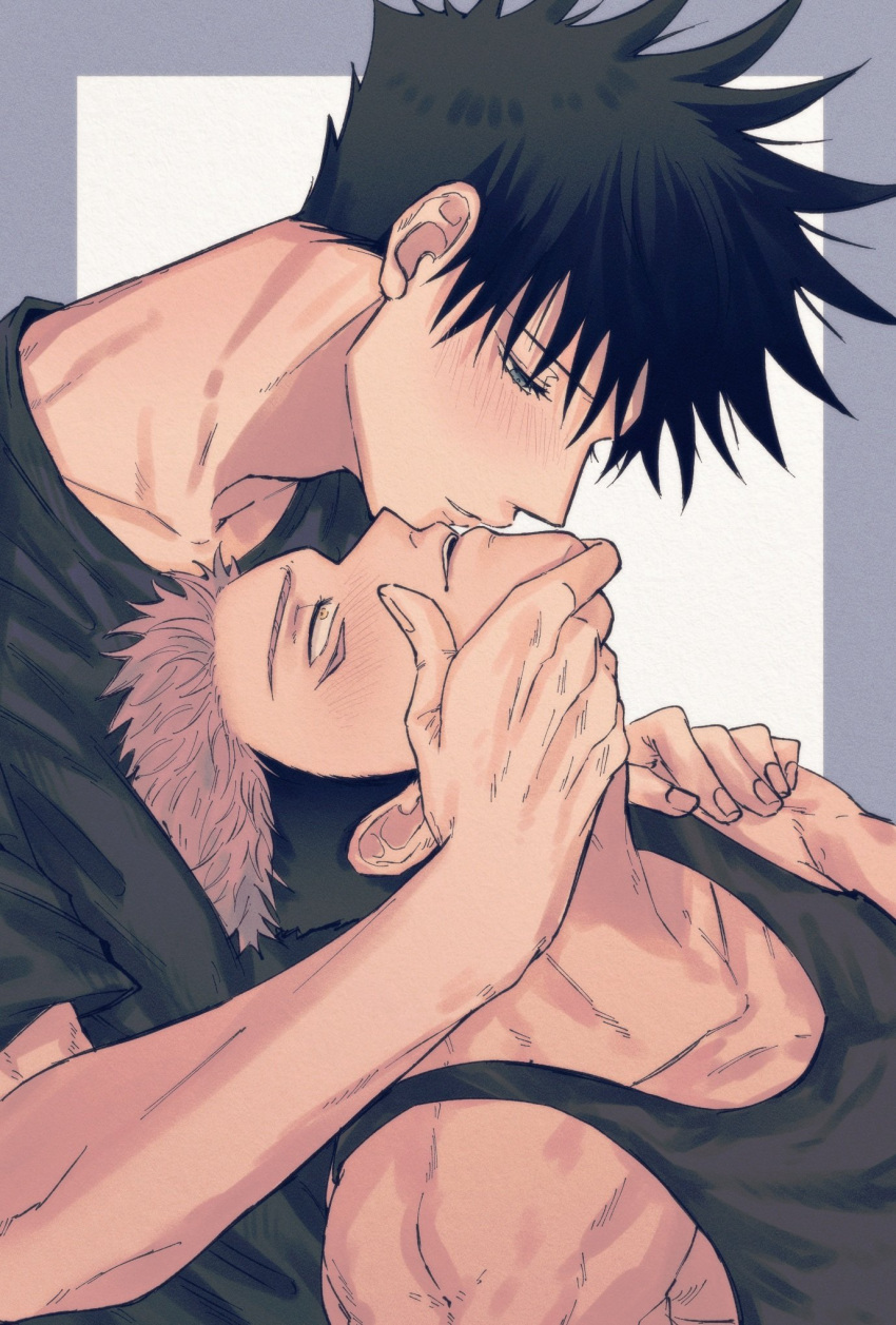 2boys black_hair black_shirt black_tank_top blush brown_eyes collarbone commentary_request facial_mark fingernails fushiguro_megumi fushirun_rung grabbing_another's_chin green_eyes hand_on_another's_chin highres imminent_kiss itadori_yuuji jujutsu_kaisen looking_at_another looking_up male_focus multicolored_hair multiple_boys muscular muscular_male open_mouth shirt short_hair short_sleeves smile spiked_hair tank_top two-tone_hair upside-down yaoi