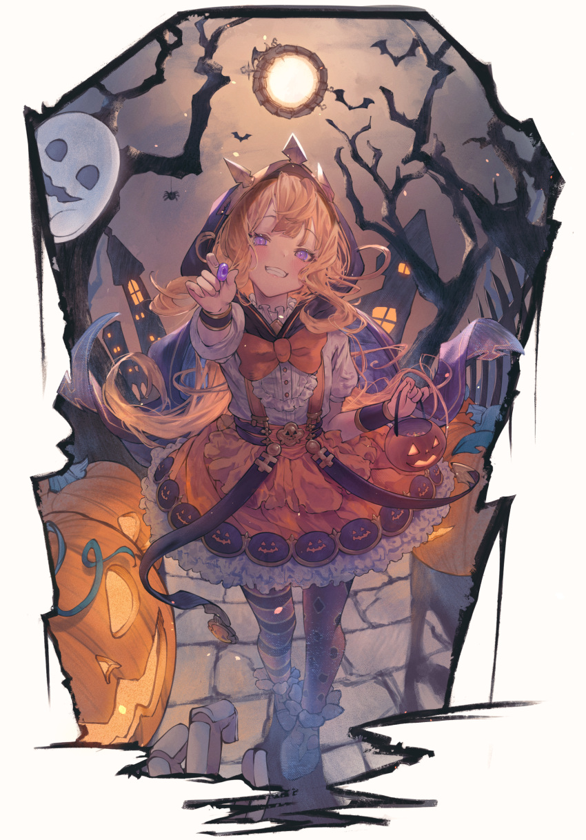 1girl absurdres bangs bare_tree basket betabeet black_cape blonde_hair blush border bow bowtie bug building cagliostro_(granblue_fantasy) candy cape cobblestone commentary dress english_commentary fence food frilled_dress frills full_body full_moon ghost giving granblue_fantasy grin halloween halloween_bucket head_tilt highres holding holding_basket holding_candy holding_food hood hood_up hooded_cape long_hair looking_at_viewer moon night night_sky orange_bow orange_bowtie orange_dress outdoors outstretched_hand puffy_short_sleeves puffy_sleeves pumpkin pumpkin_print purple_eyes short_sleeves simple_background sky smile solo spider tree white_background