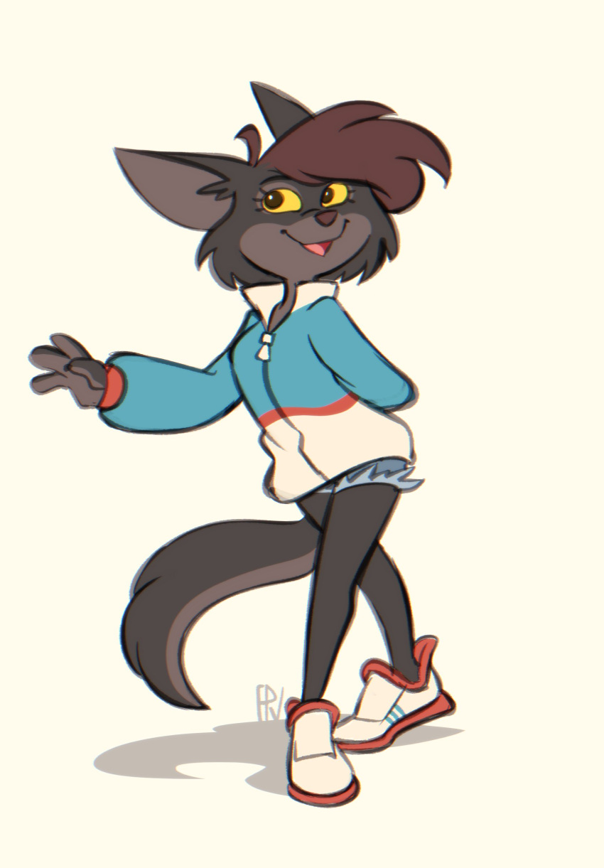 absurd_res anthro black_body black_fur bottomwear brown_hair brown_nose canid canine canis clothed clothing conditional_dnp dakota_(serarel) denim denim_clothing female footwear fox-pop fur hair hi_res jacket mammal shoes shorts topwear wolf