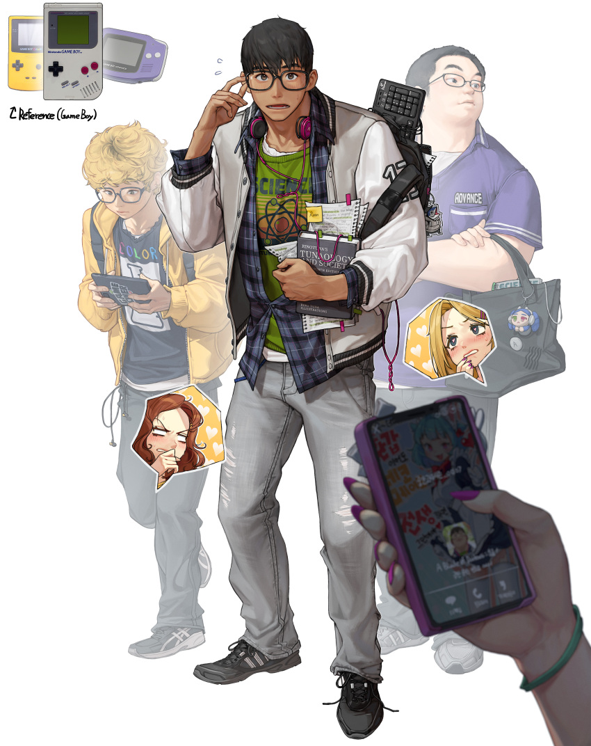 2girls 3boys absurdres backpack bag black_footwear black_hair blonde_hair blue_shirt blush book brown_hair full_body game_boy game_boy_advance game_boy_color glasses green_shirt grey_jacket grey_pants handheld_game_console highres holding holding_book holding_phone jacket keyboard_(computer) multiple_boys multiple_girls original pants personification phone print_shirt rinotuna shirt shoes short_hair simple_background standing white_background yellow_jacket