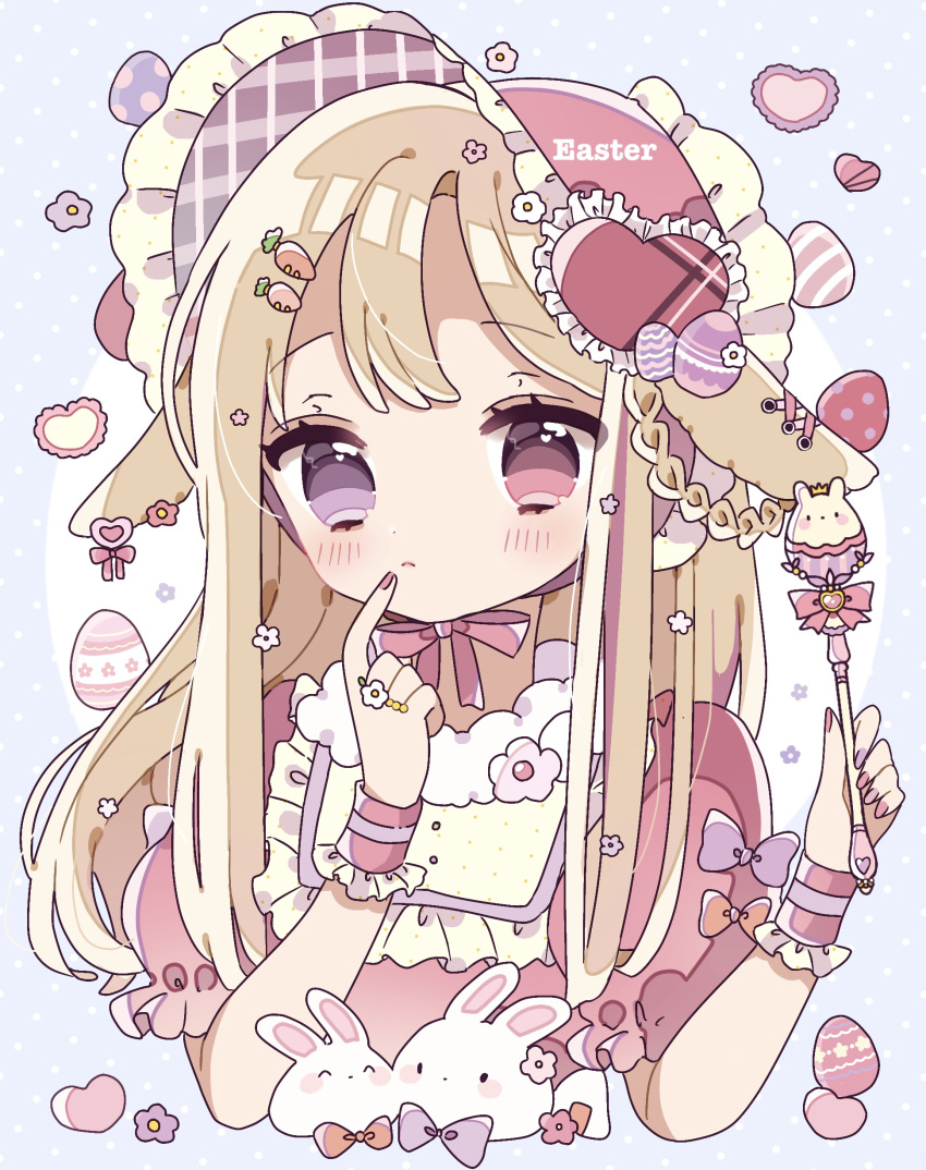 1girl :&lt; absurdres animal_ears bangs blonde_hair blush bonnet bow braid bunny carrot_hair_ornament closed_mouth collared_dress cropped_torso cuffs dress earrings easter easter_egg egg english_text food-themed_hair_ornament frilled_cuffs frilled_hat frilled_shirt_collar frills fur_trim hair_ornament hairclip hand_on_own_face hat heterochromia highres holding holding_wand index_finger_raised jewelry long_hair looking_at_viewer nagihoko nail_polish neck_ribbon original pink_dress pink_eyes puffy_short_sleeves puffy_sleeves purple_eyes rabbit_ears raised_eyebrows ribbon ribbon_earrings ring short_sleeves side_braid solo wand
