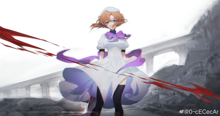 0-cececar 1girl absurdres bangs black_legwear blood blood_on_weapon blue_eyes bow bowtie chromatic_aberration cleaver dress empty_eyes expressionless feet_out_of_frame glint hat highres higurashi_no_naku_koro_ni in-universe_location junkyard looking_at_viewer orange_hair outdoors parted_bangs puffy_short_sleeves puffy_sleeves purple_bow purple_bowtie ryuuguu_rena short_hair short_sleeves solo standing thighhighs weapon weapon_behind_back weibo_logo weibo_username white_dress white_headwear