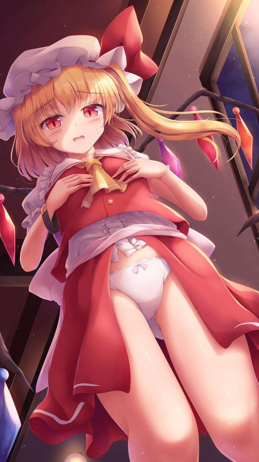 1girl adapted_costume ascot ass_visible_through_thighs bare_arms blonde_hair bush center_frills commentary_request crystal dutch_angle eyebrows_visible_through_hair flandre_scarlet frills from_below hands_on_own_chest hat highres indoors long_hair looking_at_viewer lzh mob_cap open_mouth overskirt panties puffy_short_sleeves puffy_sleeves red_eyes red_vest shirt short_sleeves side_ponytail skirt slit_pupils solo thighs touhou touhou_gouyoku_ibun underwear vest white_panties white_shirt window wings yellow_ascot