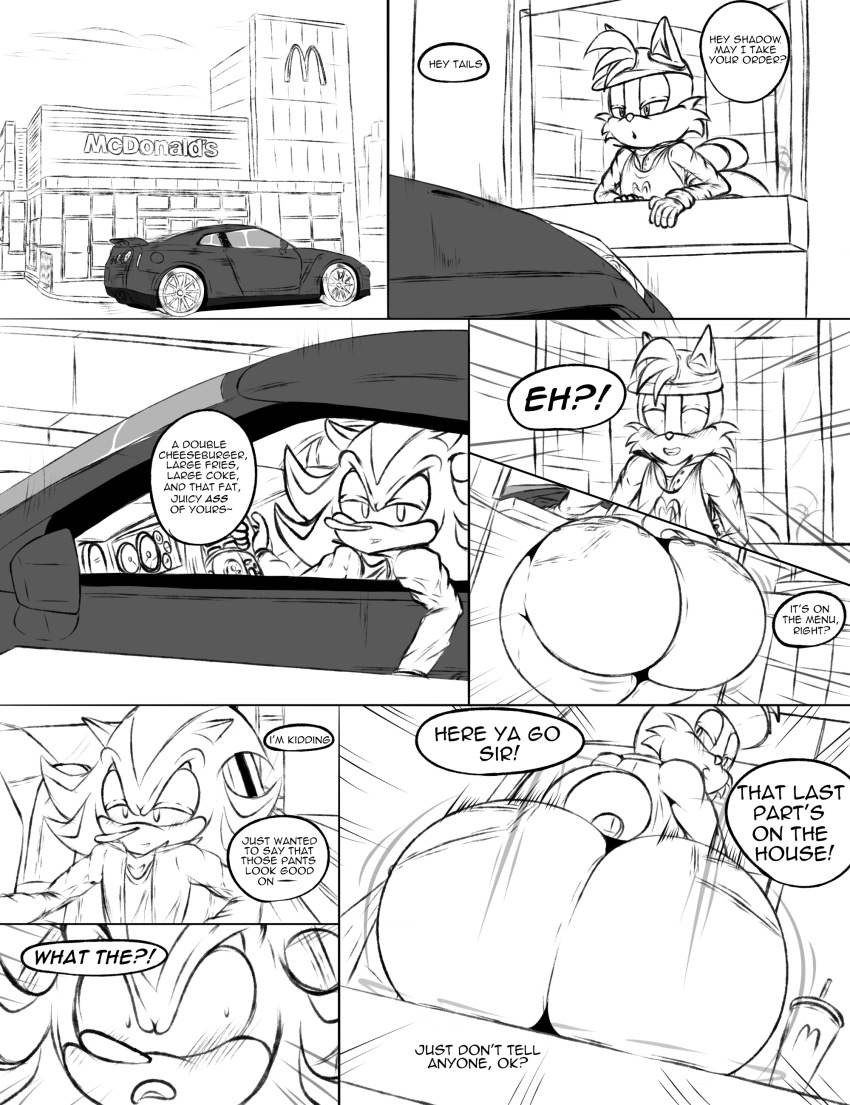 absurd_res anthro big_butt bubble_butt butt canid canine comic duo eulipotyphlan fox hedgehog hi_res huge_butt male male/male mammal mcdonald's miles_prower nissan_gtr public sega shadow_the_hedgehog sonic_the_hedgehog_(series) ultimateshadow