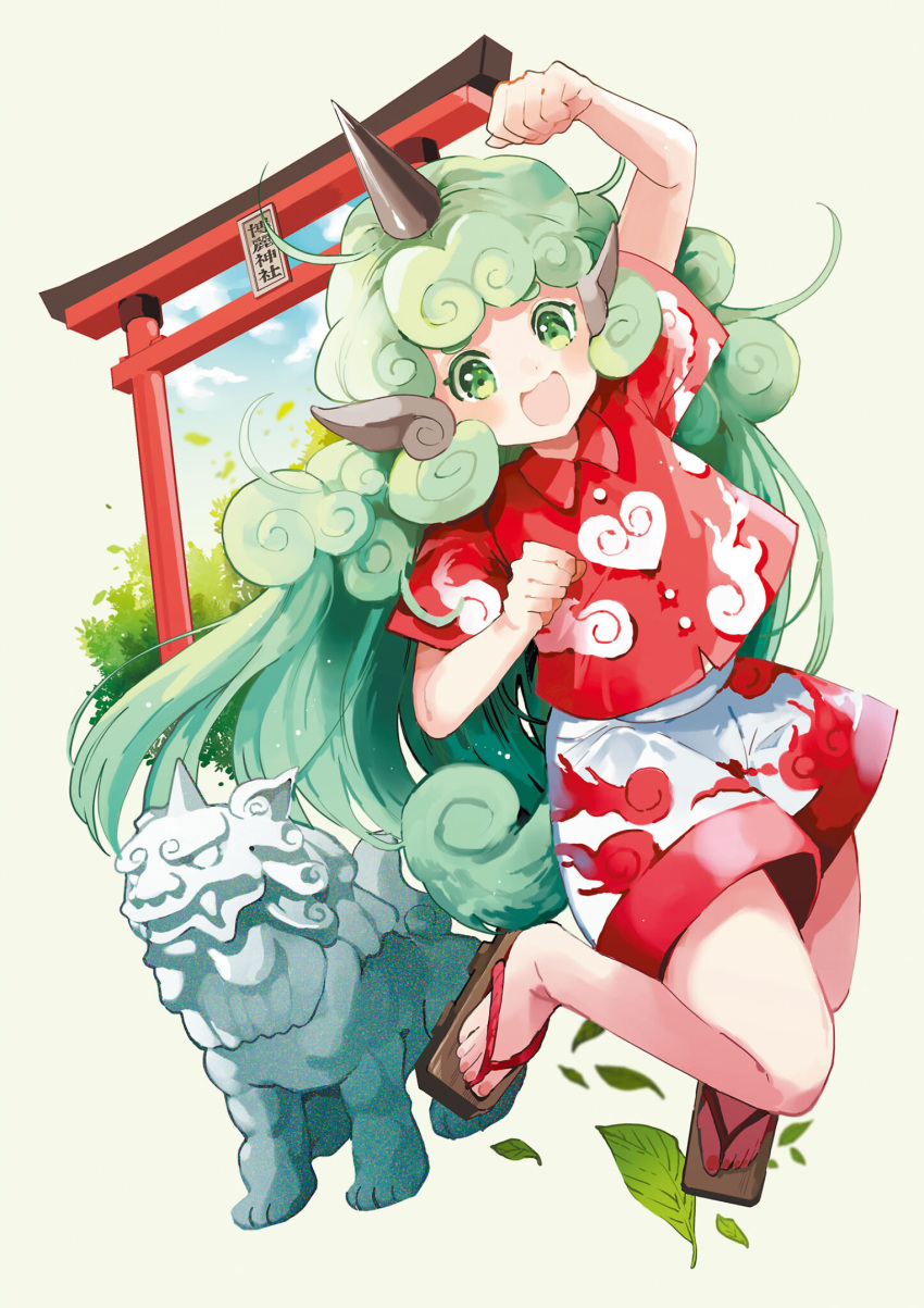 1girl :d azuma_aya buttons cloud_print curly_hair geta green_eyes green_hair heart highres horns kariyushi_shirt kariyushi_shorts komainu leaf long_hair official_art red_shirt shirt shorts single_horn smile solo strange_creators_of_outer_world third-party_source torii touhou very_long_hair white_shorts