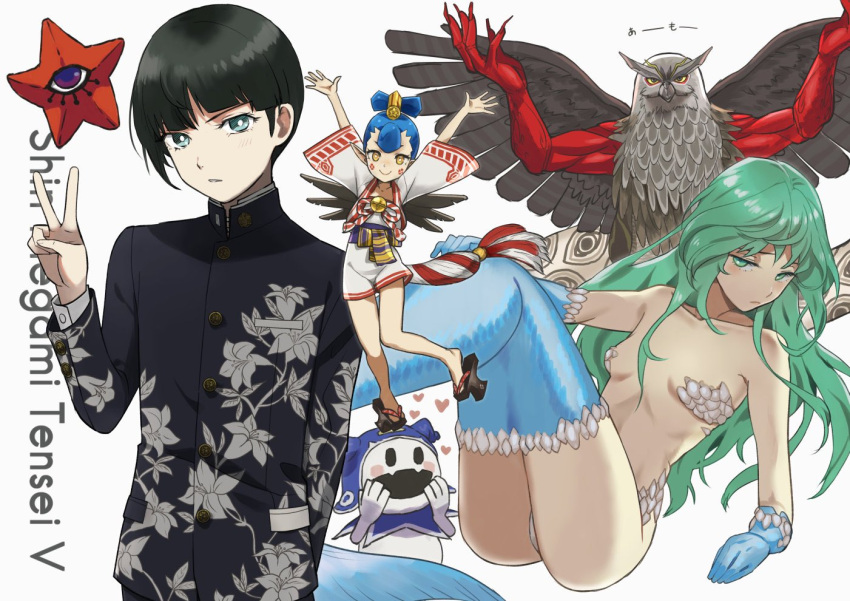 1boy 2girls 2others amanozako_(megami_tensei) androgynous arm_behind_back arms_up asymmetrical_hair black_hair blue_gloves blue_hair blue_jacket blue_legwear commentary_request cowboy_shot donbee937 elbow_gloves english_text eyelashes floral_print gloves green_hair grey_eyes hand_up hands_up heart jack_frost jacket japanese_clothes leaning_back long_hair long_sleeves looking_at_viewer mermaid mermaid_(shin_megami_tensei) monster_girl multiple_girls multiple_others panties pantyshot parted_lips protagonist_(smtv) scales school_uniform shadow shin_megami_tensei shin_megami_tensei_v short_hair shorts simple_background single_sidelock standing thighhighs thighs underwear v white_background white_panties yellow_eyes