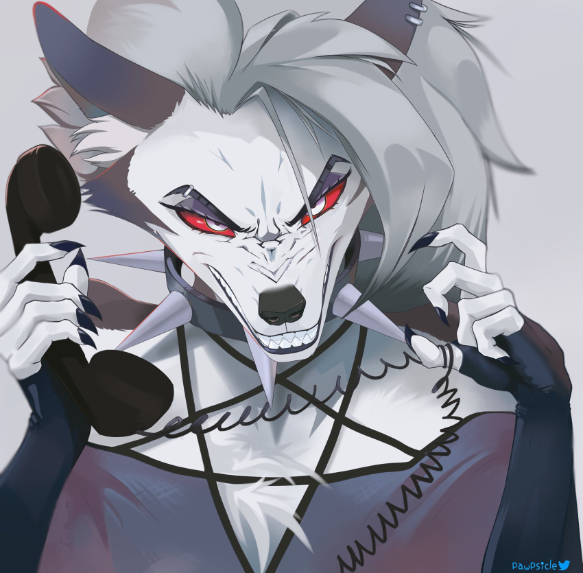 2022 anthro canid canid_demon clenched_teeth clothed clothing collar cord demon ear_piercing eyebrow_piercing facial_piercing fur hair hellhound helluva_boss hi_res holding_object holding_phone looking_at_viewer loona_(helluva_boss) mammal phone piercing solo spiked_collar spikes teeth topwear white_body white_fur xxjamiepawxx