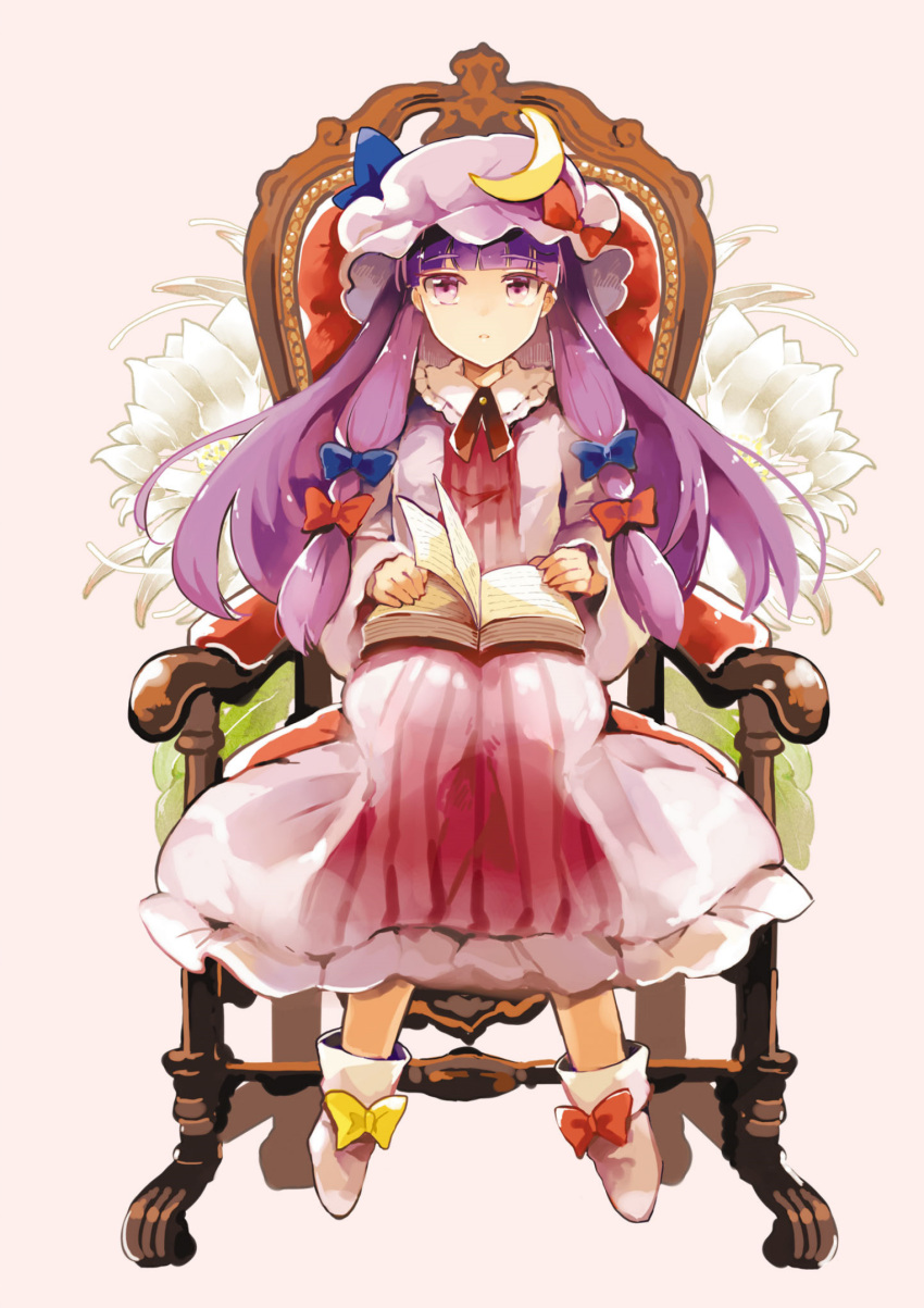 1girl :o azuma_aya bangs blue_bow blunt_bangs book bow chair collar crescent crescent_hat_ornament dress frilled_collar frills hair_bow hat hat_bow hat_ornament highres long_hair long_sleeves mob_cap official_art patchouli_knowledge purple_dress purple_eyes purple_hair purple_headwear red_bow ribbon-trimmed_collar ribbon_trim sitting solo strange_creators_of_outer_world striped striped_dress third-party_source touhou vertical-striped_dress vertical_stripes white_footwear yellow_bow