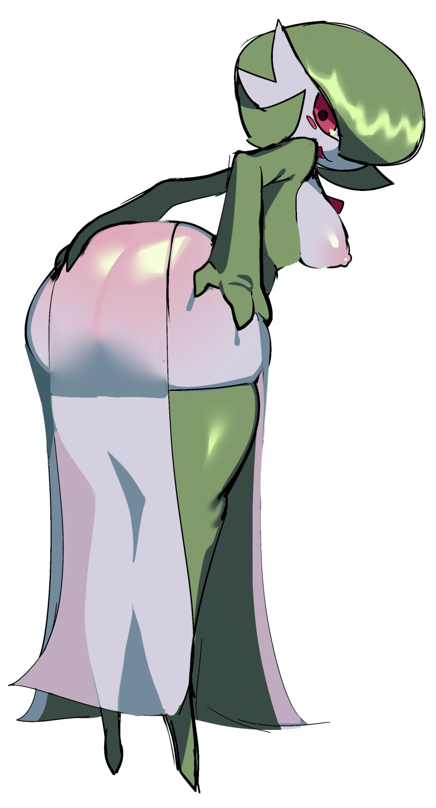 2022 3_fingers absurd_res aliasing areola big_butt blush body_blush breasts butt butt_blush clothed clothing dress female fiinel fingers footwear gardevoir green_clothing green_footwear green_hair green_socks hair hair_over_eye hand_on_butt hi_res humanoid legwear looking_back nintendo nipples one_eye_obstructed open_mouth pok&eacute;mon pok&eacute;mon_(species) presenting presenting_hindquarters red_sclera simple_background skimpy slit_dress socks solo thigh_highs video_games white_background white_body white_clothing white_skin