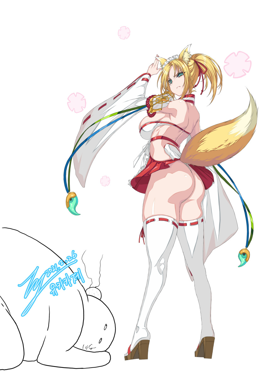 1girl absurdres animal_ears apron ass bangs bare_shoulders blonde_hair breasts commentary detached_sleeves dog_days forehead fox_ears fox_girl fox_tail frilled_apron frilled_skirt frills frown full_body fundoshi geta green_eyes hair_ornament hair_ribbon hand_up head_bump high_heels highres japanese_clothes large_breasts legs_apart long_sleeves looking_at_another looking_back maid_headdress nontraditional_miko parted_bangs rantia red_ribbon red_skirt ribbon sideboob signature simple_background skirt standing tail thighhighs thighs v-shaped_eyebrows white_background white_legwear wide_sleeves yukikaze_panettone