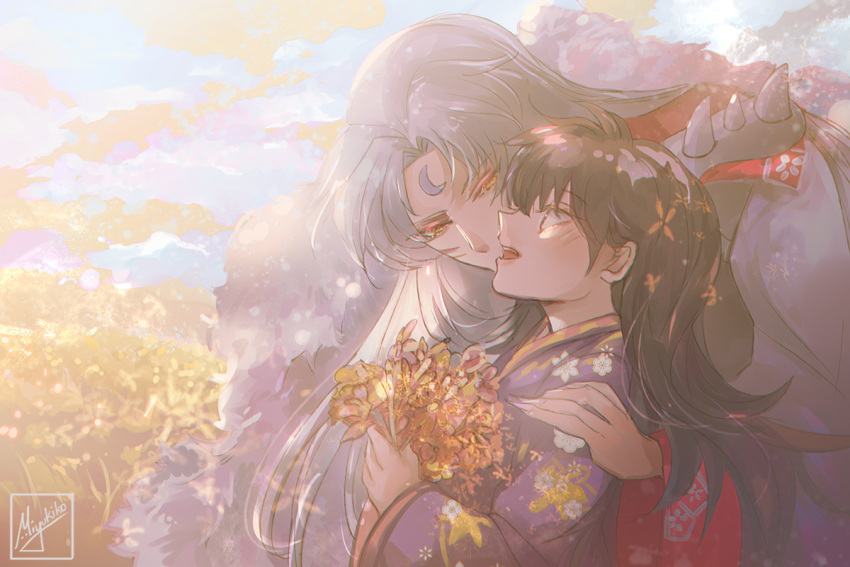 1boy 1girl bangs black_hair bouquet day eyebrows_visible_through_hair facial_mark floating_hair hair_between_eyes hair_intakes hand_on_another's_shoulder holding holding_bouquet inuyasha japanese_clothes kimono long_hair looking_at_another miyukiko outdoors purple_kimono rin_(inuyasha) sesshoumaru shiny shiny_hair signature silver_hair yellow_eyes