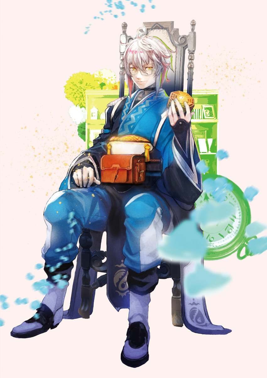 1boy asai_genji black_gloves black_kimono blue_kimono blue_pants boots chair fanny_pack fingerless_gloves glasses gloves grey_hair highres holding japanese_clothes kimono long_sleeves mini-hakkero morichika_rinnosuke multicolored_clothes multicolored_hair multicolored_kimono official_art pants petals picture_frame pink_hair pocket_watch sash short_hair sitting smile solo strange_creators_of_outer_world third-party_source touhou watch white_kimono wide_sleeves yellow_eyes