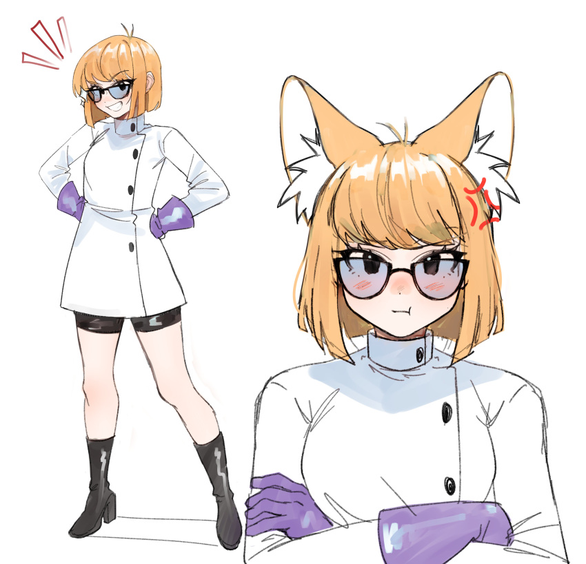 1girl absurdres anger_vein animal_ear_fluff animal_ears bangs bike_shorts black-framed_eyewear black_footwear blonde_hair closed_mouth crossed_arms dexter dexter's_laboratory english_commentary full_body genderswap genderswap_(mtf) glasses gloves high_heels highres kumaartsu labcoat long_sleeves lower_teeth medium_hair multiple_views purple_gloves simple_background standing swept_bangs teeth upper_teeth white_background