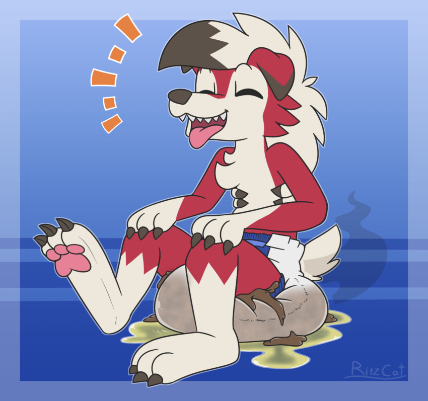 anthro bodily_fluids canid canine diaper feces genital_fluids happy hi_res leaking_diaper lycanroc male mammal messy_diaper nintendo peeing pok&eacute;mon pok&eacute;mon_(species) ritzcat scat soaked_diaper soiled_diaper soiling solo urine video_games wet_diaper wetting