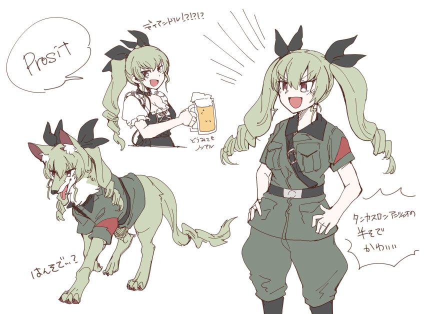 1girl :d adapted_uniform alternate_costume anchovy_(girls_und_panzer) animalization anzio_military_uniform bangs beer_mug belt black_belt black_choker black_ribbon black_shirt breasts brown_eyes choker cleavage commentary cup dirndl dog dress_shirt drill_hair eyebrows_visible_through_hair frilled_sleeves frills german_clothes girls_und_panzer green_hair grey_jacket grey_pants hair_ribbon hands_on_hips hasekura_(hachinochun) highres holding holding_cup jacket long_hair looking_at_viewer looking_to_the_side medium_breasts military military_uniform mug multiple_views notice_lines open_mouth pants puffy_short_sleeves puffy_sleeves ribbon sam_browne_belt shirt short_sleeves simple_background sketch smile smug standing summer_uniform translated twin_drills twintails uniform v-shaped_eyebrows white_background wing_collar