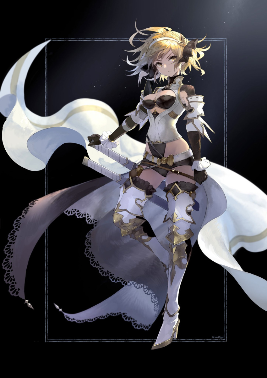 1girl armor armored_boots bandeau belt black_gloves black_legwear black_shorts blonde_hair boots breast_cutout breasts cleavage closed_mouth djeeta_(granblue_fantasy) elbow_gloves full_body gloves granblue_fantasy hairband high_heel_boots high_heels highres jacket looking_at_viewer osamu_(jagabata) relic_buster_(granblue_fantasy) short_hair short_shorts shorts shoulder_armor sleeveless sleeveless_jacket small_breasts solo standing standing_on_one_leg sword thighhighs turtleneck v-shaped_eyebrows waist_cape weapon white_jacket wrist_cuffs yellow_eyes