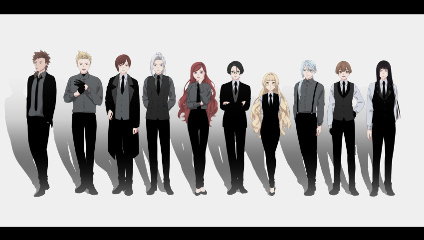 2girls 6+boys :d absurdres adjusting_clothes adjusting_gloves akisumi arm_at_side arms_behind_back arthur_beresford bangs black_coat black_footwear black_gloves black_hair black_jacket black_necktie black_pants black_vest blonde_hair blue_eyes blue_hair blunt_bangs braid brown_eyes brown_hair character_request coat collared_shirt crossed_arms dress_shirt formal ghost_in_the_shell ghost_in_the_shell_lineup ghost_in_the_shell_stand_alone_complex glasses gloves green_eyes hair_between_eyes hair_over_shoulder hand_in_pocket hand_on_hip hand_on_own_cheek hand_on_own_face hands_up head_rest higeki_no_genkyou_tonaru_saikyou_gedou_last_boss_joou_wa_tami_no_tame_ni_tsukushimasu high_heels high_ponytail highres jacket letterboxed lineup long_hair long_sleeves looking_at_viewer looking_away looking_to_the_side low_ponytail multiple_boys multiple_girls necktie open_clothes open_jacket pant_suit pants parody ponytail pryde_royale_ivy purple_eyes red_hair shadow shirt shoes short_hair sidelocks single_sidelock smile spiked_hair stayle_royale_ivy straight_hair suit suspenders swept_bangs tiara_royale_ivy very_long_hair vest white_hair white_shirt yellow_eyes