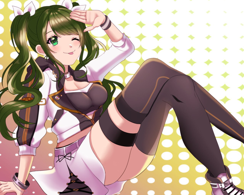 1girl bangs bracelet breasts choker cleavage collarbone d4dj eyebrows_visible_through_hair jacket jewelry kamikawa_celery looking_at_viewer looking_up medium_breasts one_eye_closed open_hand shimizu_esora skindentation smile solo thigh_strap thighhighs tongue tongue_out twintails white_jacket
