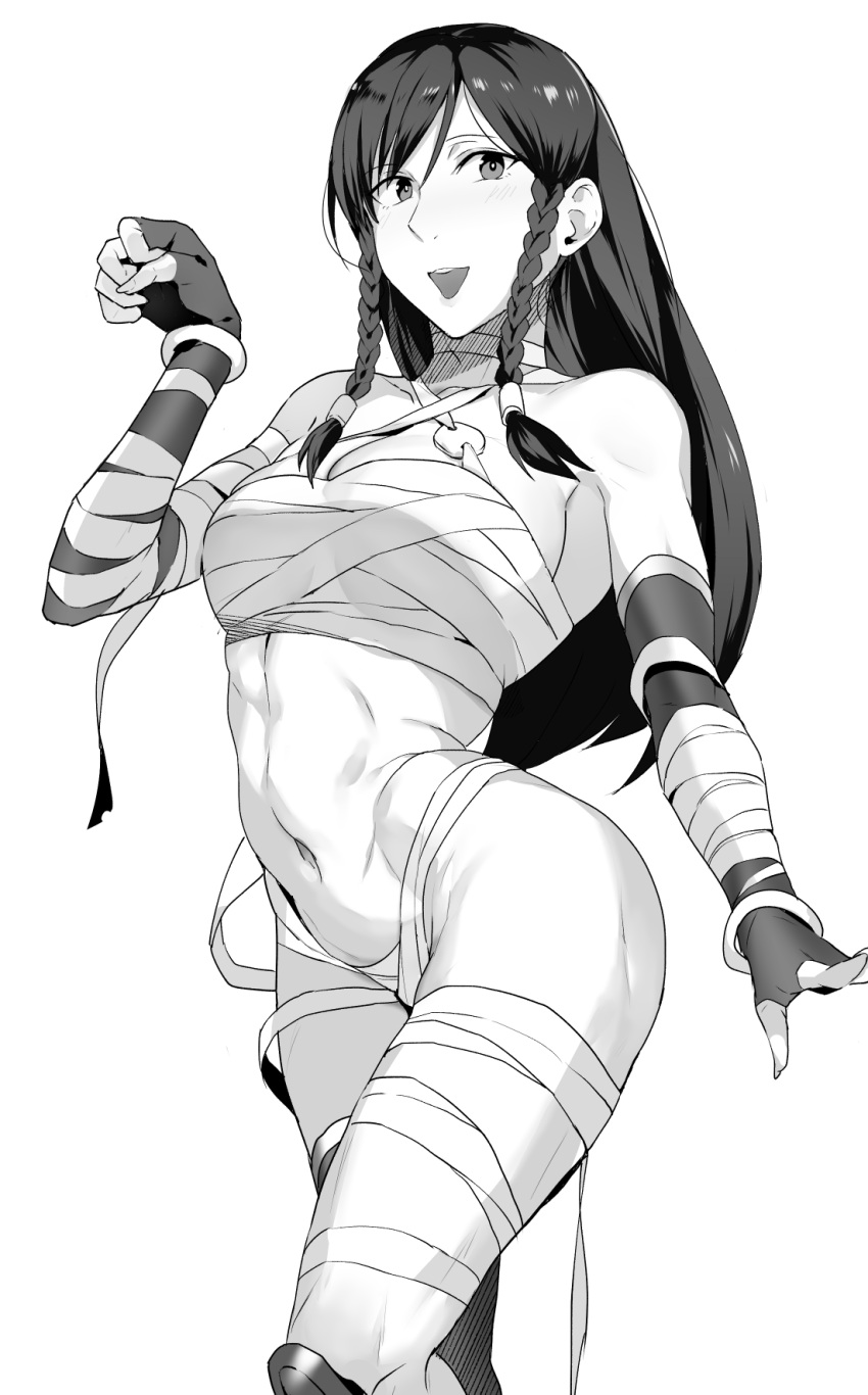 1girl abs alternate_hairstyle bandages blush bracelet braid breasts bun_cover chun-li clenched_hand commentary_request cosplay double_bun elbow_gloves fingerless_gloves gloves groin highres hip_focus jewelry large_breasts long_hair looking_at_viewer menat menat_(cosplay) messatsu_tan midriff monochrome muscular muscular_female navel open_mouth paw_pose sarashi side_braid simple_background smile solo standing street_fighter street_fighter_v thick_thighs thighhighs thighs twin_braids white_background