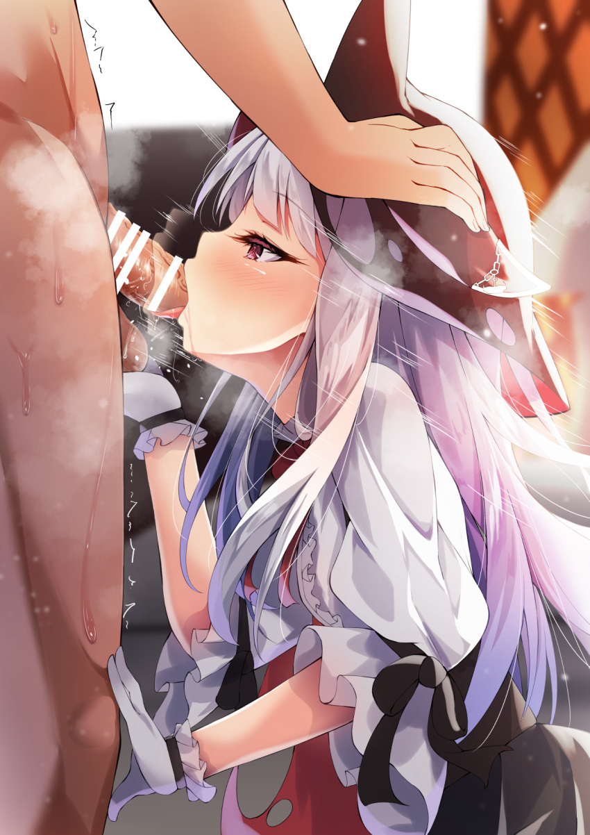 1boy 1girl azur_lane bangs bar_censor black_ribbon blush cape caressing_testicles censored clothed_female_nude_male dress erebus_(azur_lane) eyebrows_visible_through_hair fellatio floor frilled_dress frills gloves hand_on_another's_head highres long_hair madotsukumo motion_lines nude oral penis red_eyes ribbon saliva sidelocks silver_hair solo_focus steam testicles thick_eyelashes tongue trembling very_long_hair