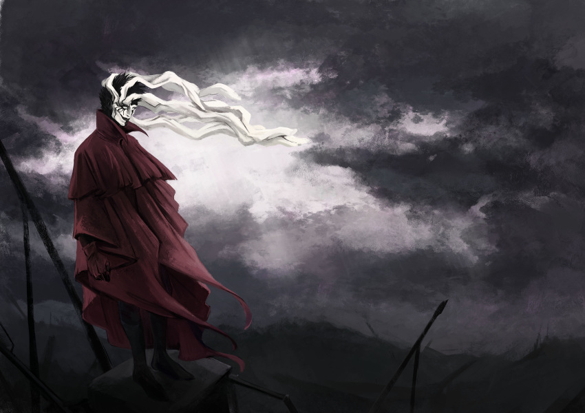 1boy absurdres black_footwear black_hair boots closed_mouth coat commentary ergo_proxy ergo_proxy_(character) full_body gloves grey_sky highres male_focus mask overcast red_coat red_gloves ruins short_hair smile solo standing weird--fish