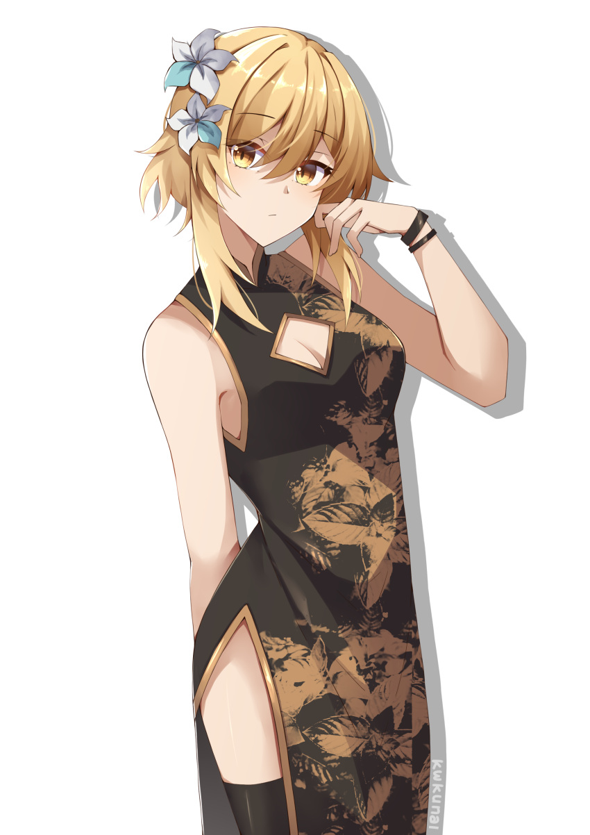 1girl absurdres adjusting_hair alternate_costume arm_behind_back black_dress black_legwear blonde_hair bracelet breasts china_dress chinese_clothes cleavage cleavage_cutout closed_mouth clothing_cutout dress eyebrows_visible_through_hair flower genshin_impact hair_between_eyes hair_flower hair_ornament hand_up highres jewelry leaf_print looking_at_viewer lumine_(genshin_impact) rizalx short_hair_with_long_locks solo thighhighs white_background white_flower yellow_eyes