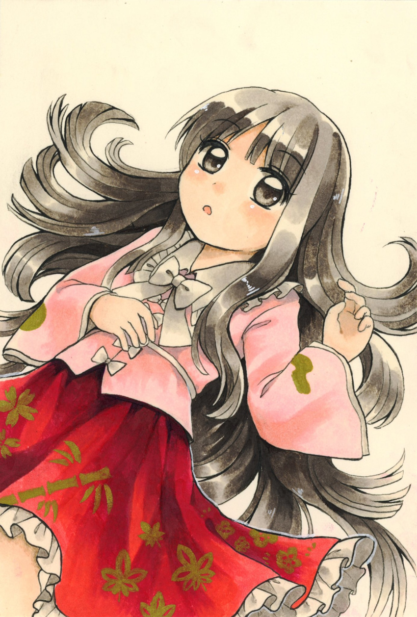 bangs black_hair blunt_bangs bow bowtie brown_eyes collared_shirt commentary_request floral_print highres hime_cut houraisan_kaguya japanese_clothes long_hair long_skirt long_sleeves maa_(forsythia1729) marker_(medium) open_mouth pink_shirt red_skirt shirt skirt sleeves_past_wrists touhou traditional_media very_long_hair white_bow white_bowtie wide_sleeves