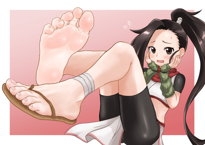 1girl ankle_wrap asymmetrical_hair barefoot bike_shorts black_hair black_shorts border brown_eyes commentary_request crop_top embarrassed feet feet_up fingerless_gloves flip-flops full_body gloves gradient gradient_background green_gloves high_ponytail hinosaki holding_head kunoichi_tsubaki_no_mune_no_uchi leaning_back legs long_hair looking_at_viewer ninja open_mouth pink_background ponytail red_scarf sandals scarf short_sleeves shorts single_sandal soles solo toes tsubaki_(kunoichi_tsubaki_no_mune_no_uchi) white_border