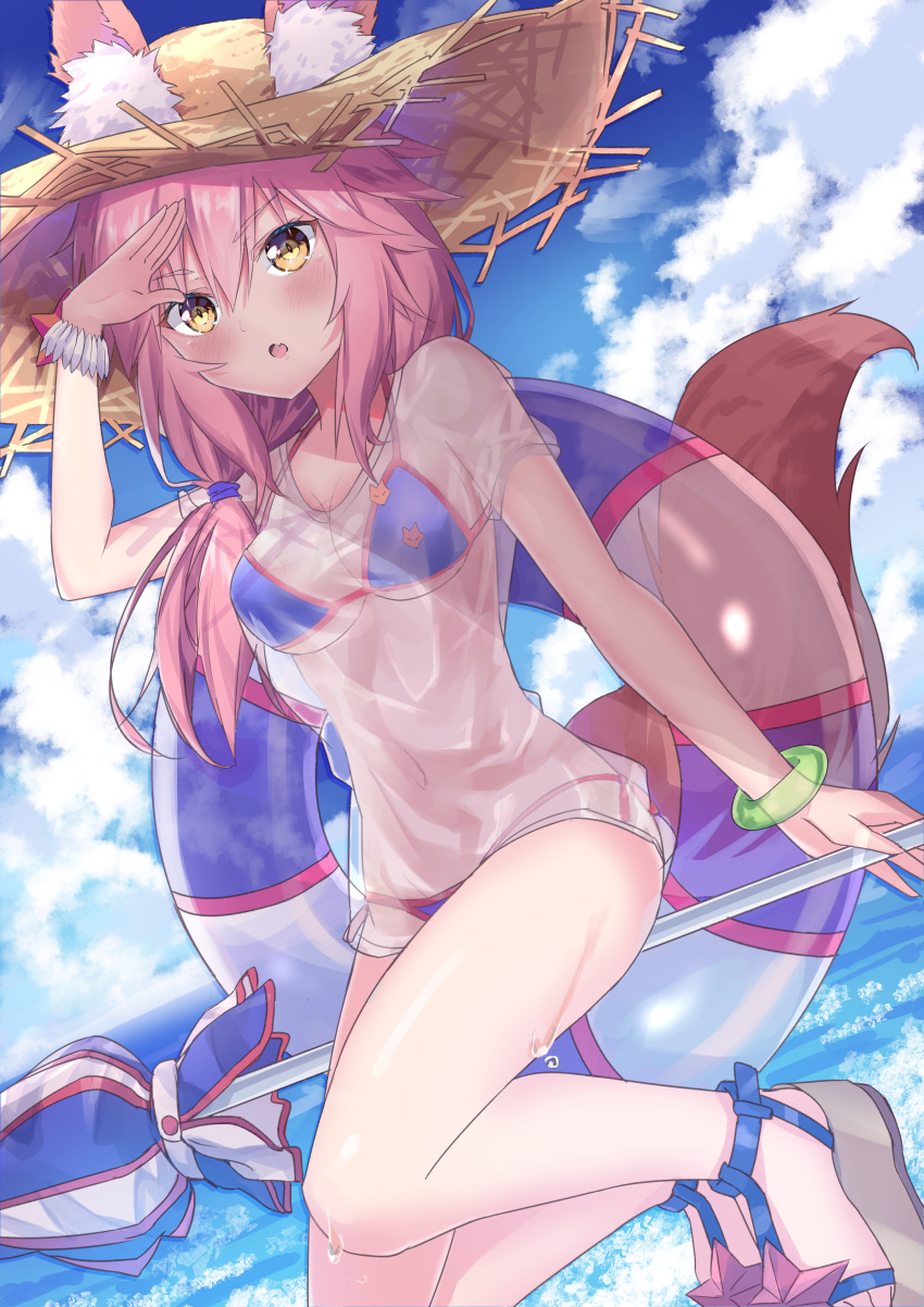 1girl :o absurdres animal_ear_fluff animal_ears bangs bikini blue_bikini blue_sky blush bracelet breasts cleavage cloud cloudy_sky commentary_request day dripping ears_through_headwear eyebrows_visible_through_hair fang fate/grand_order fate_(series) fox_ears fox_girl fox_tail full_body hair_between_eyes hairband hat highres holding innertube jewelry large_breasts long_hair looking_to_the_side muragaki_(sgxx4878) navel ocean open_mouth outdoors parasol pink_hair platform_footwear shirt short_sleeves side-tie_bikini sidelocks sitting skin_fang sky solo sun_hat swimsuit tail tamamo_(fate) tamamo_no_mae_(swimsuit_lancer)_(fate) tamamo_no_mae_(swimsuit_lancer)_(second_ascension)_(fate) umbrella wet wet_clothes wet_shirt yellow_eyes