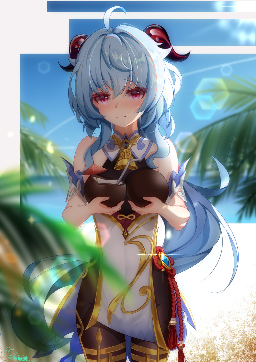1girl absurdres ahoge bangs bare_shoulders beach bell black_legwear blue_hair blush breast_hold breast_lift breasts chinese_knot cleavage coconut cup day drinking_straw eyebrows_visible_through_hair flower_knot fruit_cup furrowed_brow ganyu_(genshin_impact) genshin_impact gold_trim hair_in_mouth highres holding holding_cup horns light_rays long_hair looking_at_viewer low_ponytail medium_breasts monkfish992 neck_bell no_gloves nose_blush palm_tree pelvic_curtain purple_eyes red_rope rope sidelocks solo standing sun tassel thighlet thighs tree vision_(genshin_impact)