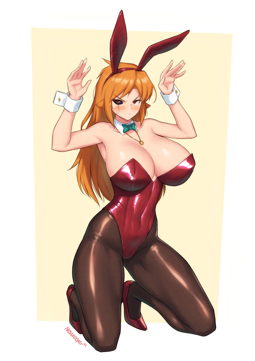 1girl absurdres animal_ears armpit_peek arms_up bangs bare_arms bare_shoulders black_sclera blush borrowed_character bow bowtie breasts brown_legwear bunny_pose cleavage closed_mouth collarbone colored_sclera commentary covered_navel detached_collar english_commentary eyebrows_visible_through_hair fake_animal_ears fishnet_legwear fishnets full_body green_bow green_bowtie hair_flaps high_heels highleg highleg_leotard highres jewelry kneeling large_breasts leotard long_hair looking_at_viewer mismatched_sclera necklace nestkeeper orange_hair original outstretched_hand pantyhose playboy_bunny rabbit_ears red_eyes red_footwear red_leotard scar scar_across_eye shiny shiny_clothes shiny_hair shiny_skin sidelocks signature solo strapless strapless_leotard sweatdrop v-shaped_eyebrows wrist_cuffs yellow_background