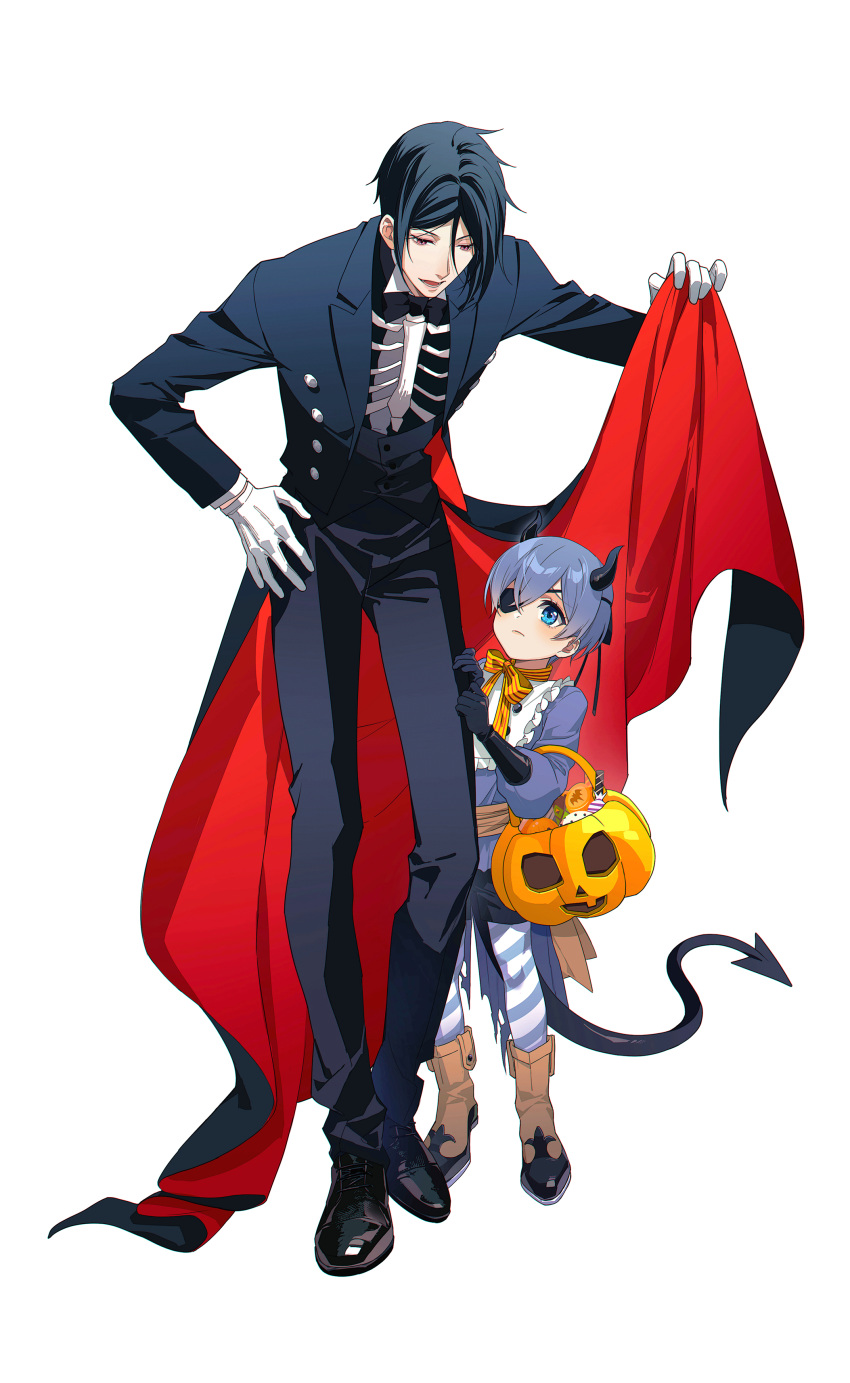 2boys absurdres al_(ahr) black_coat black_gloves black_hair black_pants black_shorts blue_eyes blue_hair blue_shirt boots bow bowtie butler candy cape child ciel_phantomhive coat demon_horns demon_tail eyepatch food full_body gloves hair_between_eyes halloween hands_on_another's_thighs highres horns jack-o'-lantern kuroshitsuji lower_teeth multiple_boys open_mouth pants red_cape red_eyes ribs sebastian_michaelis shirt short_hair shorts striped striped_legwear tail teeth white_background white_gloves