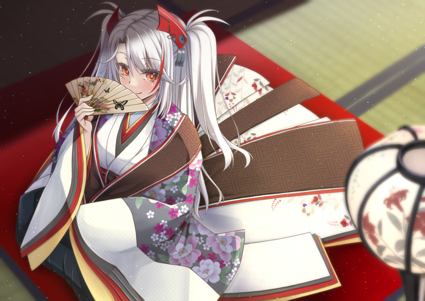 1girl architecture azur_lane east_asian_architecture eyebrows_visible_through_hair floral_print flower folding_fan from_above gekato hand_fan headgear highres holding holding_fan indoors japanese_clothes karaginu_mo kimono layered_clothing layered_kimono long_hair looking_at_viewer looking_up multicolored_hair orange_eyes pink_flower prinz_eugen_(azur_lane) red_hair solo streaked_hair two-tone_hair white_hair wide_sleeves