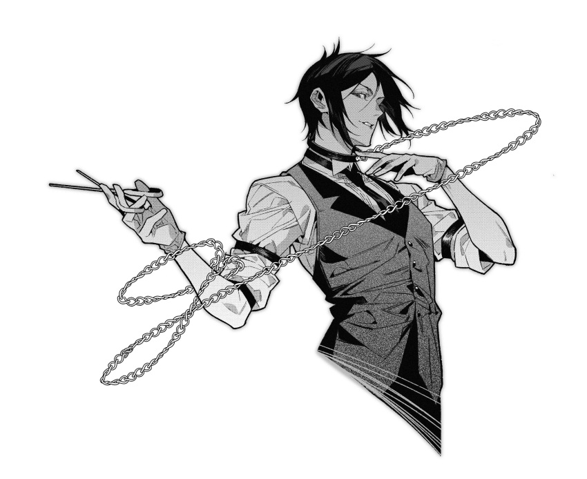 1boy al_(ahr) black_hair butler buttons chain collar gloves greyscale hair_between_eyes hand_on_own_chest highres holding holding_scissors kuroshitsuji monochrome necktie parted_lips scissors sebastian_michaelis shirt short_hair sidelocks sleeves_rolled_up solo upper_body vest white_background white_shirt