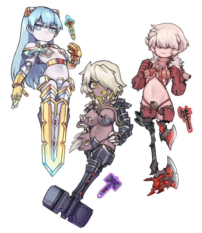 3girls amputee armor axe belt belt_buckle blue_eyes blue_hair breasts buckle claws clothing_request colored_skin commentary crimson_axe_(terraria) cursed_hammer_(terraria) dark-skinned_female dark_skin doll_joints double_amputee enchanted_sword_(terraria) english_commentary extra_eyes extra_teeth gauntlets green_eyes hair_over_eyes hair_over_one_eye hammer highres joints looking_at_viewer medium_breasts multiple_girls navel nyong_nyong pauldrons personification shoulder_armor small_breasts stitches sword tentacles terraria weapon white_hair white_skin